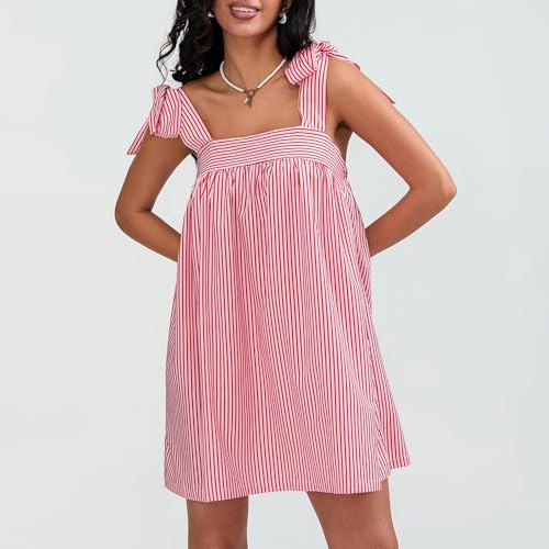 Image of Women Floral Tie Shoulder Mini Dress Cute Square Neck Loose Fit Beach Short Dress Backless Boho Vocation Sundress