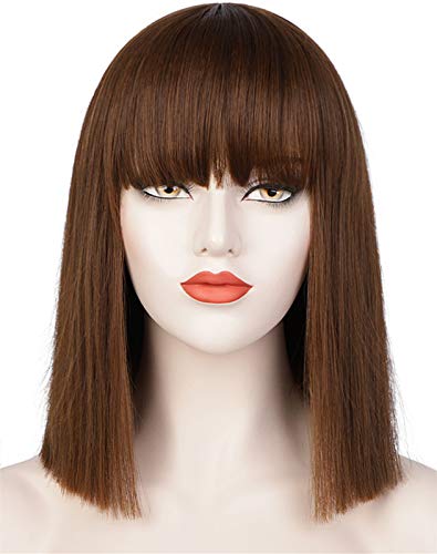 Juziviee Brown Wigs for Women, 13'' Short Brown Bob Wig with Bangs, Natural Looking Soft Synthetic Hair Wig, Cute Wigs for Party Cosplay Halloween AD016BR1