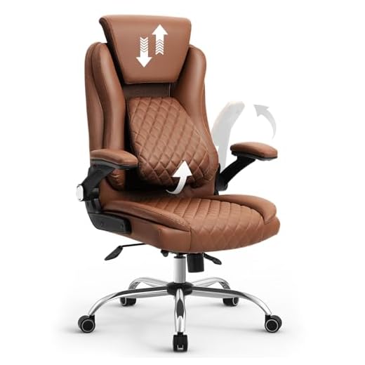YAMASORO Cadeira Executiva Premium Cadeira Escritorio Presidente Apoio de Cabeça Ajustável e Ângulo do Apoio Lombar Ajustável com Base Cromada-Highback Marrom