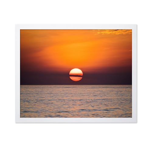 Poster Master Modern Sunset Poster - Realism Print - Gift for Artist, Housewarming - Sun, Glittering Water, Orange, Sea, Calm - Wall Decor for Living Room, Bedroom, 16x20 White Framed