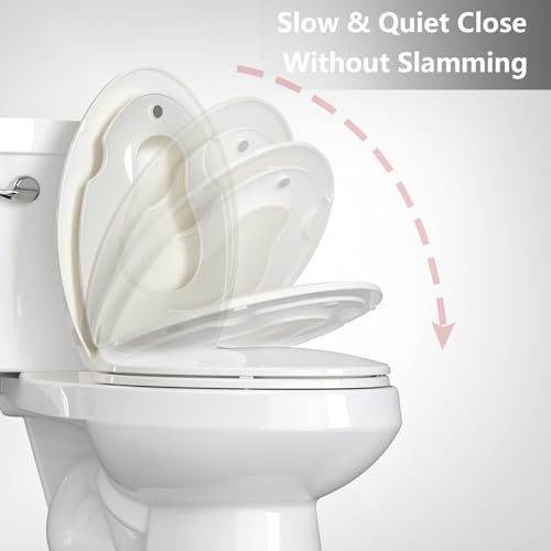 Elongated Toilet Seat with Built-in Toddler Seat for Easy Potty Training – Slow Close Feature,Easy Install and Clean, Perfect for Both Adults and Children,Biscuit