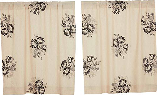 Lydia Black Floral Tier Curtains, Set Of 2, 36" Long, Vintage Farmhouse Boho Style Flower Print Window Treatments, Cream & Black Café Curtains #TOP3