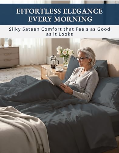 Image of LANE LINEN Cooling Sheets Full 100% Egyptian Cotton Sateen - Charcoal
