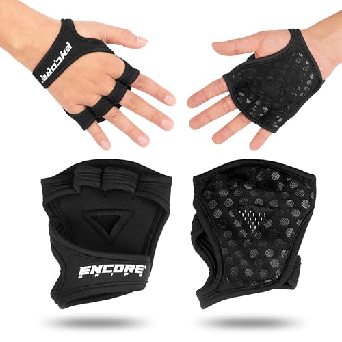 Encore Grips Griffpolster Kraftsport Griffhilfen & Grip Pads für Krafttraining Bodybuilding & Klimmzüge Neopren Silikon Handgriffe Gym & Fitness 1 Paar (Schwarz M)