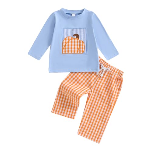 BemeyourBBs Toddler Baby Boy Fall Clothes Embroidery Shirt Top Elastic Waist Plaid Pants Set Trendy 2 Piece Outfit