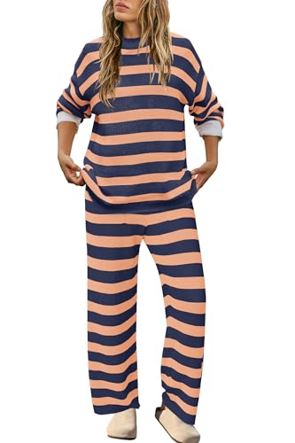 Image of SENSERISE Womens Striped Set Sweater Lounge Sets | Pajamas Set, Loungewear Set, Oversized Knit Sweater, Wide Leg Pants with Pockets, Fall Outfits, Pants Set