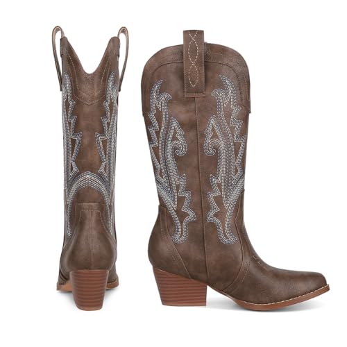 Image of AOSPHIRAYLIAN Cowboy Boots for Women Retro Pointed Toe Pull On Block Chunky Heel Glitter Sparkly Metallic Embroidecamel Country Concert Outfits Calf Western Cowgirl Boots