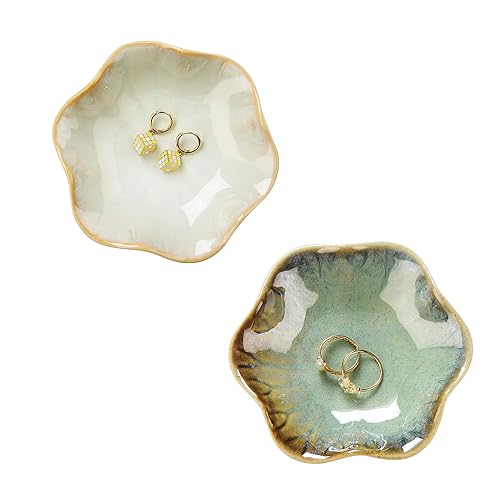 Image of 2PCS Ring Holder Dish, Small Key Bowl, Ceramic Trinket Tray Jewelry Dish Organizing Necklace Earrings for Mom Friend Sister, All Jewelries Are NOT Included. Light Green+Crystal Green.