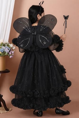 Image of Girls Glitter Tulle Tiered Gown with Butterfly Wings, Ruffle Detail, Fairy Costume Dress
