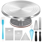 Syntus Aluminum Alloy Cake Stand, 12 Inch Cake Turntable for Decorating with Angled Silicone Icing Spatula, Cake Comb Smoother, Pie Server Cutter, Disposable Piping Bags, 27 Pieces Baking Supplies