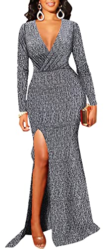 Image of Women's Sexy Long Sleeve Sparkly Maxi Dress V Neck High Slit Wrap Formal Gown Cocktail Glitter Maxi Long Dresses