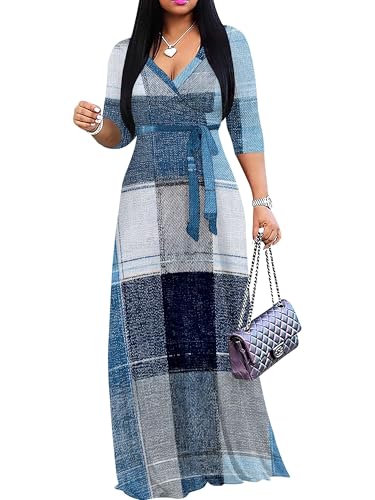 Image of Women's Plus Size Maxi Dresses Long Sleeves V Neck Floral Print Bohemian Swing Long Dress with Belt