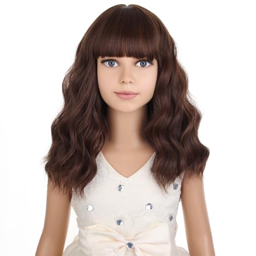 Image of PATTNIUM Kids Short Brown Wig Girls Mixed Brown Short Curly Wavy Wig Chocolate Brown Synthetic Children Wigs Cosplay Costume Party with Wigs Cap