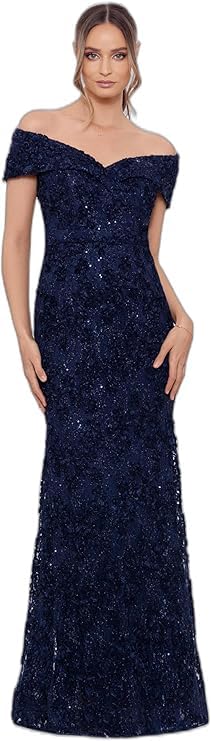 Image of Xscape Women's Off The Shoulder Sequin & Lace Overlay Evening Gown with Sweetheart Neckline, Sheath Formal Dress, Navy, 4