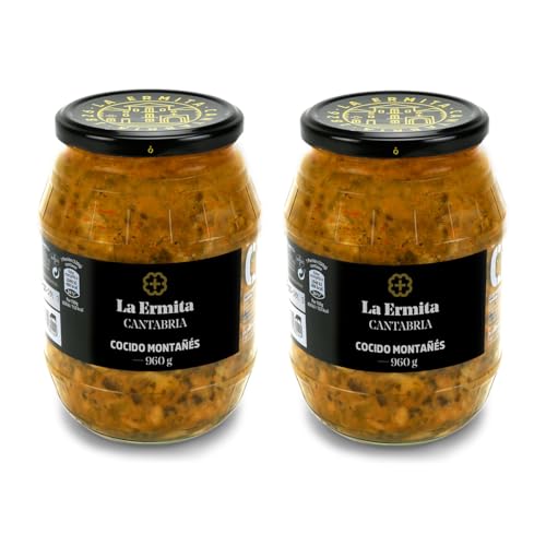LA ERMITA Cocido Montañés Tradicional, Receta Cántabra con Alubias, Berza y Compango, Sin Gluten ni Alérgenos, Tarro de Vidrio 960 g (Pack 2 unidades)