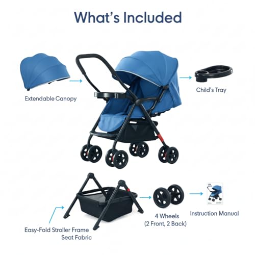 Image of Mothercare Baby Stroller Pram with Safety Harness and Swivel Wheel, Blue | Reclining seat for newborn to 3 years up to 15kg, 5-point harness, 360 swivel wheels, easy-fold, reversible handlebar