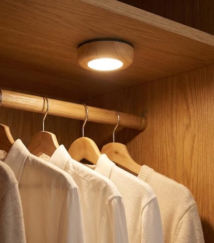 Image of Wood Grain LED Puck Light, 6 Pack Wireless Tap Light Battery Operated, 6000K Daylight White Push Light for Under Cabinet, Closet, Wardrobe, Shelf