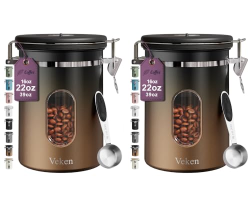 Image of Veken Coffee Canister with Window, Airtight Stainless Steel Container,Date Tracker, Kitchen Food Storage Jars for Beans, Ground, Espresso, Rice,Tea,Sugar, Cereal, Gifts, Scoop,Copper, 22OZ (Pack of 2)