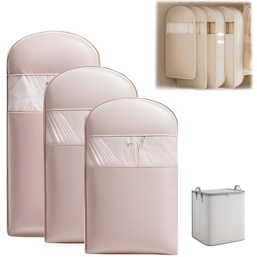 Space Saving Hanging Garment Bag with Self Compression Zipper, Garment Bags for Hanging Clothes, Dust Clothes Cover for Closet Dresses Suit Coats Storage 51’’ Long (Pink, 3PC)