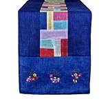 Seoulful Vintage Korean Saekdong Table Runner - Traditional Multicolor Stripe Pattern with Floral Embroidery Table Cloth - Korean Patchwork Fabric (Blue)