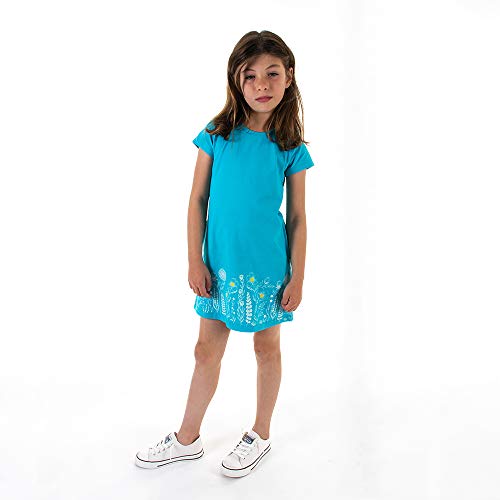 Mightly Girl's Short Sleeve T-Shirt Dress | 95% Organic Cotton, Colorful Stylish T-Shirt Dress for Toddlers and Kids, Turq Garden, 3T3