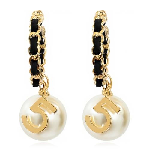 C-Shape Woven Hoop Stud Earrings for Women - Dangling Pearl & Number 5 Accent, Black & Gold Braided Texture | Chic Statement Large Earrings with Velvet Storage Bag