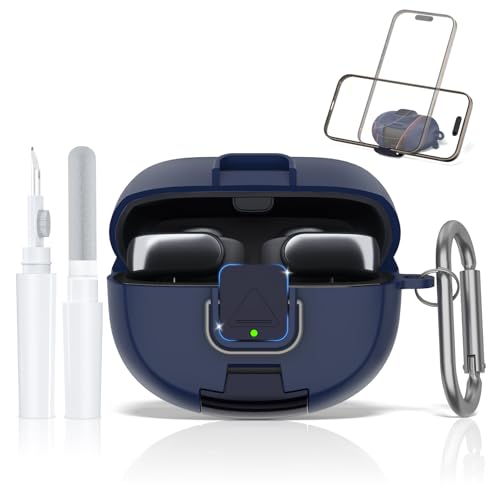 LAKSDIURT for Bose Ultra Open Earbuds Case with Secure Lock & Phone Stand, Soft TPU Shockproof Protective Clear Case for Bose Open Ear Earbuds Accessories with Cleaning Pen & Keychain (Dark Blue)