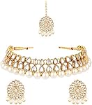 Efulgenz Indian Bijoux Collier Choker Maang Tikka Boucles d'oreilles Bollywood Mariage Cristal Kundan Collier Boucles D'oreille Chaîne de tête