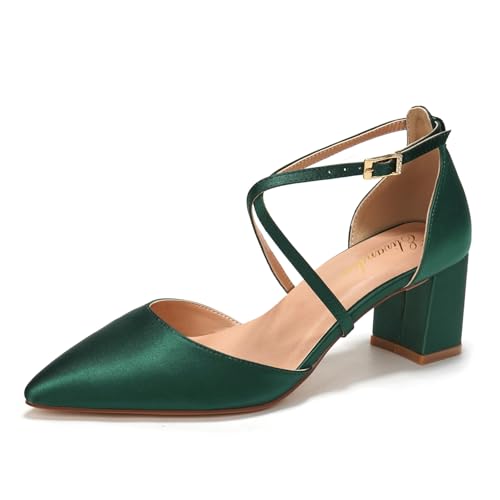 Elivandon J1586 Mujer Satén Punta Puntiaguda Tacón Medio 6cm Sandalias Noche Tacón Ancho Nupcial Boda Zapatos Tira Larga Color Verde Oscuro,Tamaño 38 EU