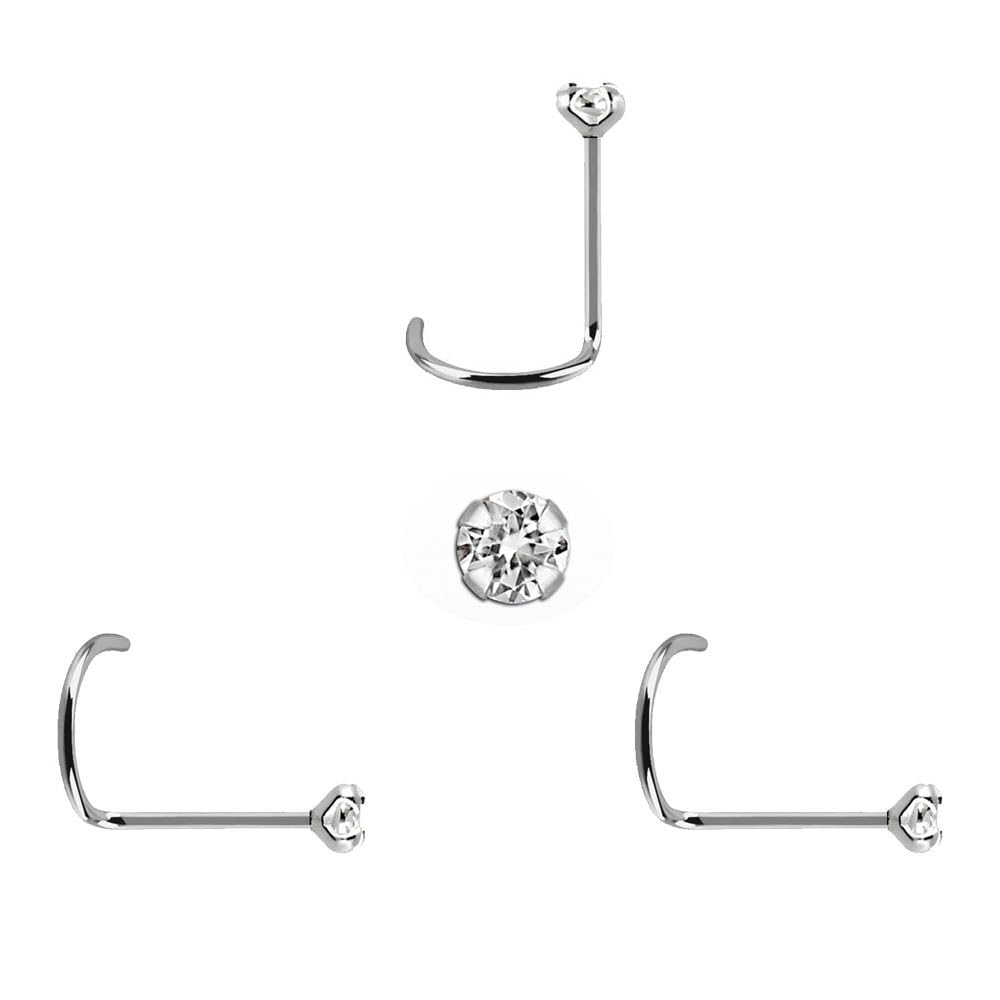 3 Pendientes Nariz de plata de ley con piedra muy pequeña de 1mm, zirconia cubica con brillo impresionante y palo curvado, grosor 0,6mm, largo 6,5mm, medida estandar.