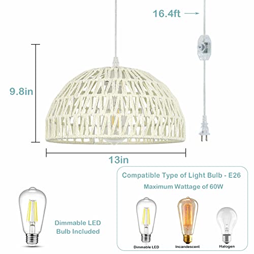 Hmvpl Rattan Plug In Pendant Light Fixture, Plug In Chandelier With Dimmable Led Blub, Boho Hanging Light With Plug In Cord, Farmhouse Wicker Swag Light For Kitchen Dining Room Living Room Bedroom #TOP3