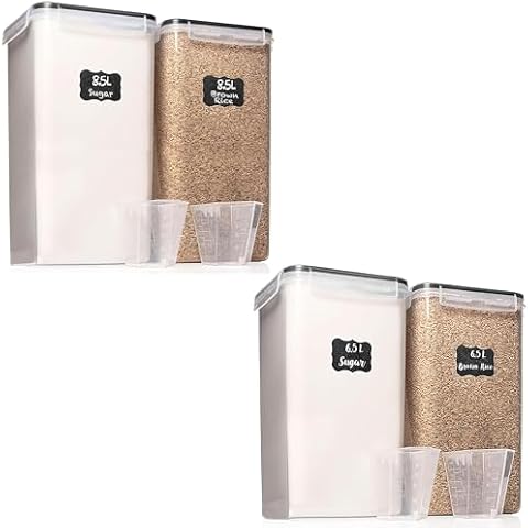 2 PC [8.5L / 287 Oz] Extra Large Airtight Food Storage Containers + 2 PC [6.5L / 220 Oz] Large Flour Sugar Storage Containers - BPA Free Plastic Containers for kitchen Essentials Cover