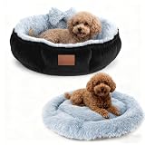 MANEMI Cama para Perros y Gatos 2 en 1 Convertible — Nido o Colchoneta, Interior de Felpa Larga, Exterior de Polipiel, con Relleno de Fibra huesca, Redonda con Detalle Decorativo 80x80,Negro