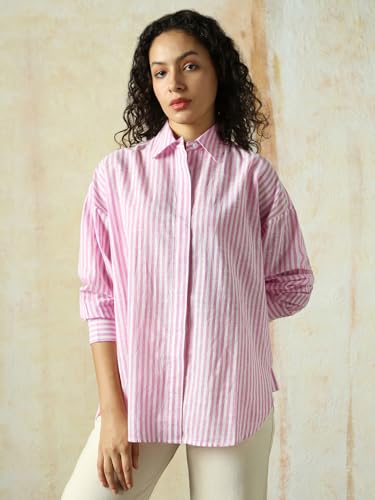 Image of HIGH Star Oversized Striped Cotton Shirt for Women | Stylish Tops for Women | Comfortable and Trendy Casual Shirt