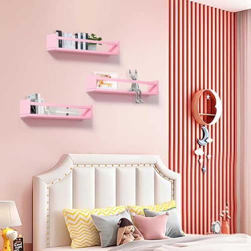 Image of WooDinto Wall Shelves for Living Room, Bedroom | Wall Mounted Shelf | Wall Hanging Storage Unit | Wall Organiser Shelf (Floating Set of 3 - Pink - 24 Inch)