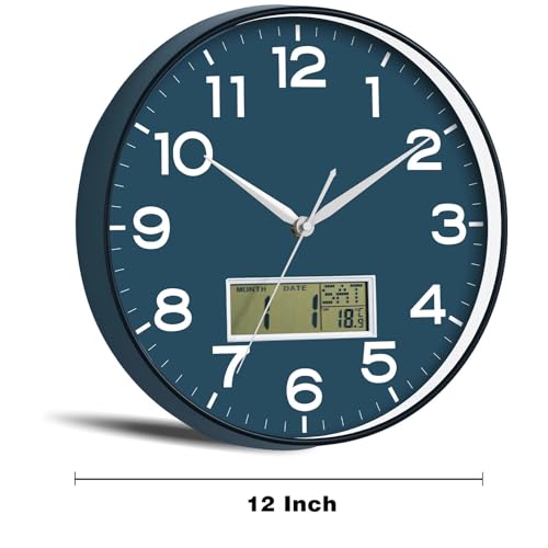 Image of AKCISOT Wall Clock 12 Inch, Non-Ticking Silent Battery Operated Analog with LCD Display for Perpetual Calendar and Temperature, Ideal Modern Decor for Home, Bedroom, Kitchen, Office (Blue)
