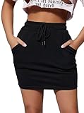 Avanova Women Drawstring Pocket Sweat Mini Skirt High Waisted Short Bodycon Skirt Black Medium