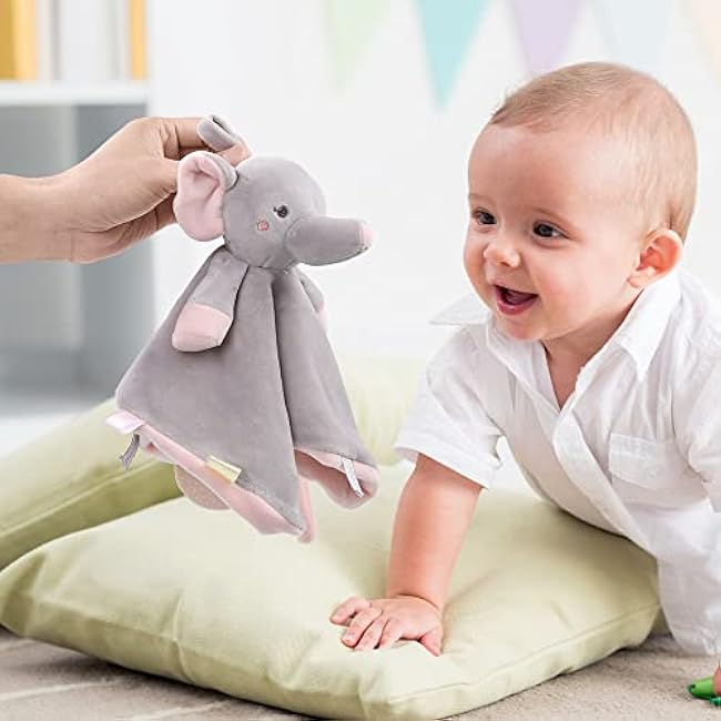 Vicloon Elephant Baby Security Blanket, Plush Baby Security Blanket with Tags&Teether, Babies Security Blanket for Boys&Girls, Security Blanket Hang on Nursery Strollers, Cribs, Car Seats(Grey)