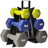 AmazonBasics 60 Pounds Neoprene Workout Dumbbell Weights with Weight Rack - 3 Pairs of Dumbbells