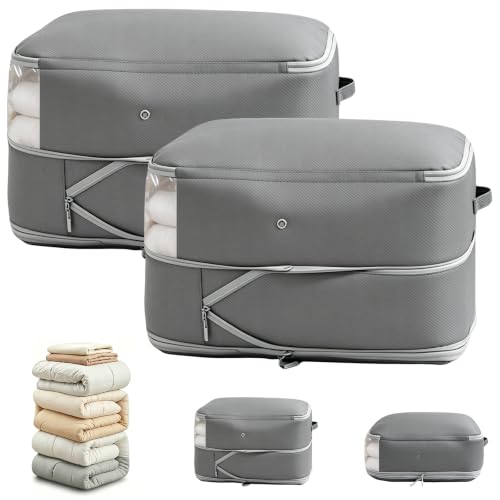 Image of Comforter Storage Bag, Large Capacity Blanket Storage Bags 2-Layer Ultra Space Saving Self Compression Organizer, Heavy Duty Space Saver Organizer for Bedding, Clothes, Blanket, 2-Pack, Gray