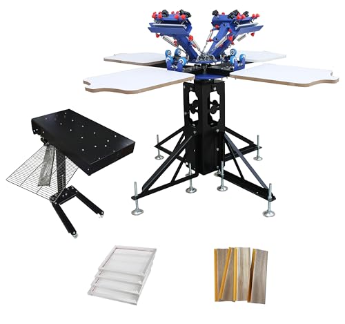 4 Color 4 Station Screen Printing Press Kit Flash Dryer Package Kit D Stretched Aluminum Screen Frame and Squeegee