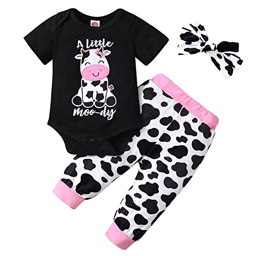 Image of GRNSHTS Newborn Girl Clothes Baby Cow Letter Print Romper+Long Pants+Headband 3PCS Cute Summer Fall Outfits