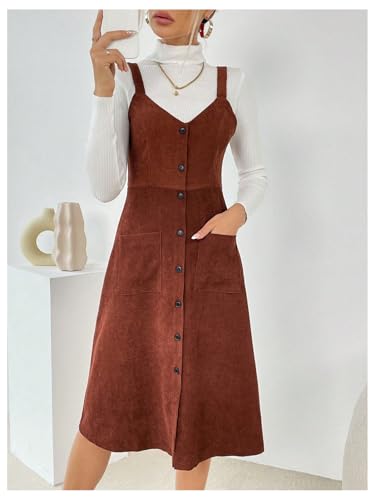 Milumia Women's Corduroy Button Up V Neck Pocket Midi Pinafore Overall Dress4