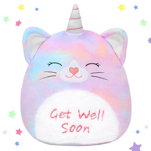Image of Easfan 13'' Get Well Soon Unicorn Cat Plush Pillow Soft Cute Stuffed Animal with Silver Horn Feel Better Gifts for Kids Patient Feel Better for Women