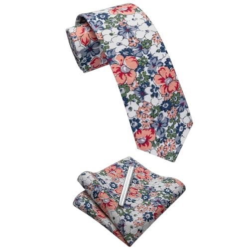 Image of YourTies Cotton Floral Tie for Men 2.5 inch Printed Skinny Necktie Pocket Square Tie Clip Set Flower Wedding Party Groom