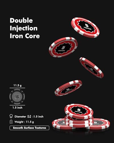 HEITOK Pokerkoffer Set 1000 Chips 11,5g | Eisenkern Chips im Aluminiumkoffer | Inkl. 2 Spielkarten Decks, Würfel & Dealer Button | Für Texas Hold'em & Casino Abende