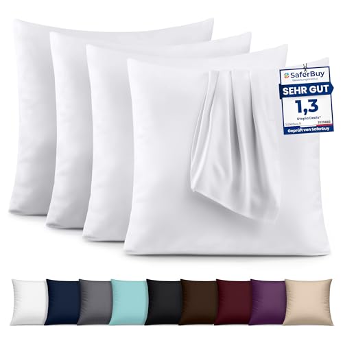 Utopia Bedding – 4er-Set Kissenbezüge – 45 x 45 cm – Oeko-TEX – Gebürstete Mikrofaser, 100% Polyester, mit Umschlagverschluss (Kissenfüllung Nicht enthalten), nur Kissenbezug – Weiß