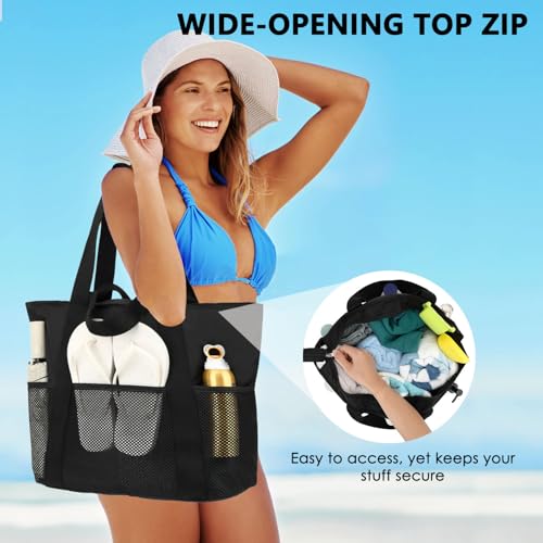 Image of Fammart Mesh Beach Bag for Women, Large Beach Toy Pool Bag with Zipper Pocket, SandProof Cruise Essentials 2026 Family Travel
