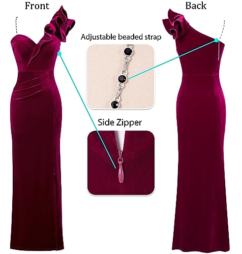 Image of VFSHOW Womens Ruffle One Shoulder Strap Ruched Formal Prom Wedding Maxi Dress V Neck Elegant Split Cocktail Evening Long Gown