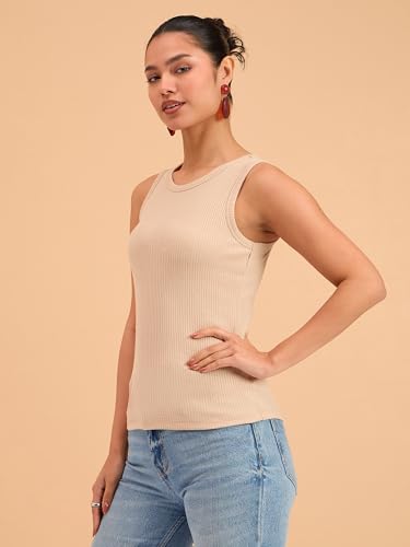 Image of barcino Beige Ribbed Round Neck Tank Top